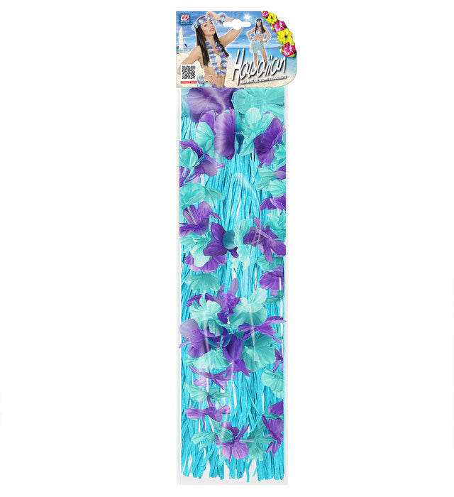 Blaues Hawaii-Kostüm-Set mit Bastrock, Blumengürtel, Halskette, Stirnband und Armbändern