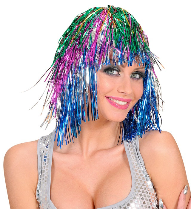 Mehrfarbige Lamé-Perücke mit glänzenden Fasern für Fasnacht und Karneval