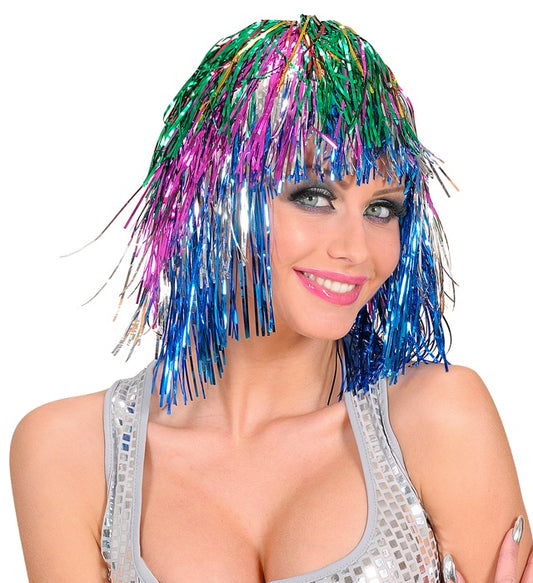 Mehrfarbige Lamé-Perücke mit glänzenden Fasern für Fasnacht und Karneval