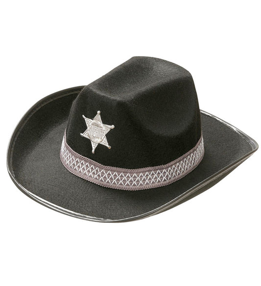 Schwarzer Cowboyhut mit Sheriffstern in Kindergröße auf weißem Hintergrund