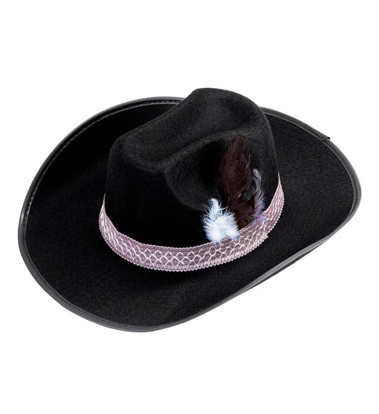 Schwarzer Cowboyhut mit Federn in Kindergröße für Fasnacht und Mottoparty