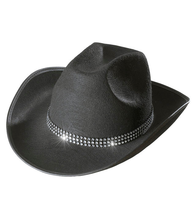 Schwarzer Cowboyhut mit funkelndem Strassband als Fasnacht-Accessoire