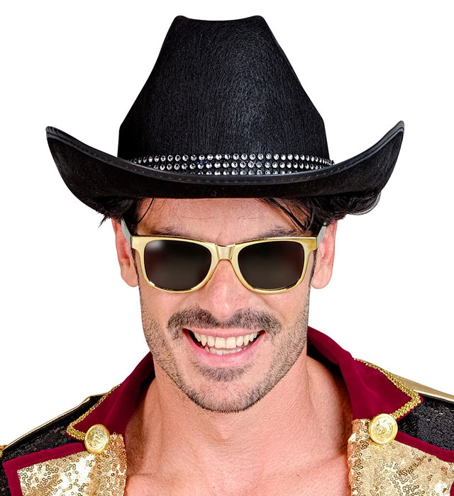 Schwarzer Cowboyhut mit funkelndem Strassband als Fasnacht-Accessoire