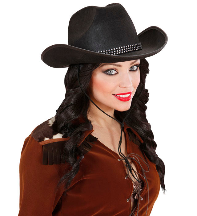 Schwarzer Cowboyhut mit funkelndem Strassband als Fasnacht-Accessoire
