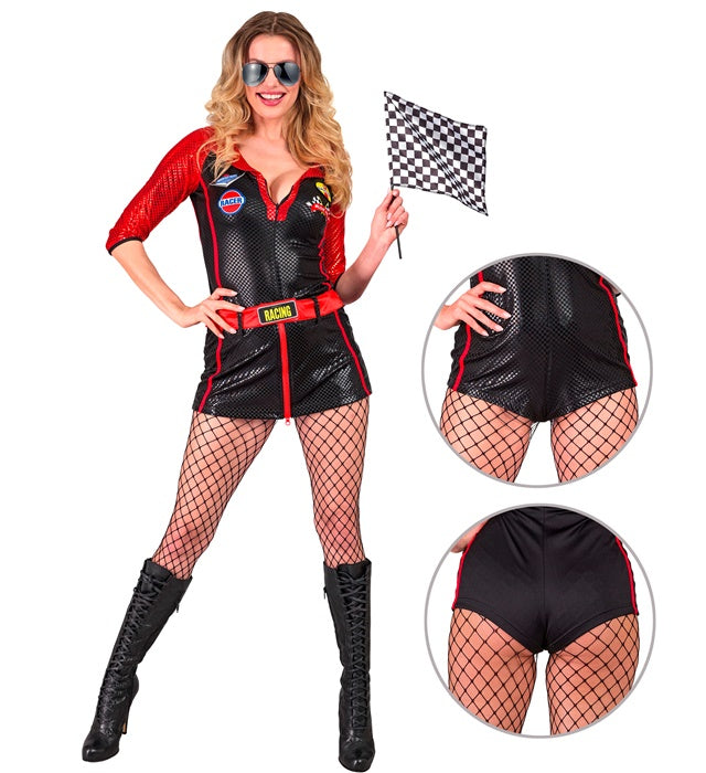 Rennfahrerin Kostüm mit Body, Minirock und Flagge für Fasnacht