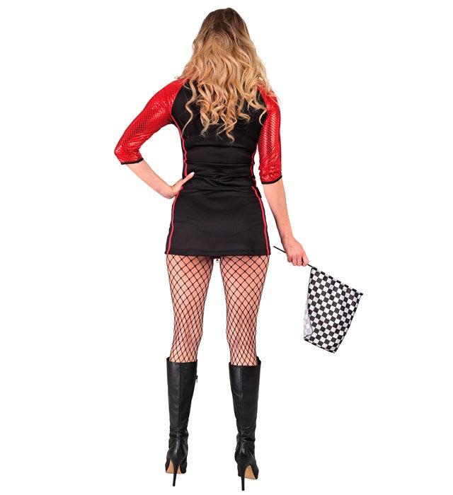 Rennfahrerin Kostüm mit Body, Minirock und Flagge für Fasnacht