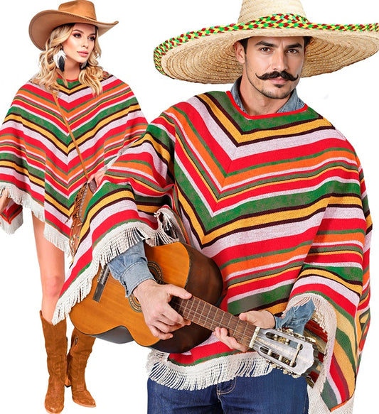 Mexikanischer Poncho aus Canvas-Baumwolle mit buntem Muster für Fasnacht