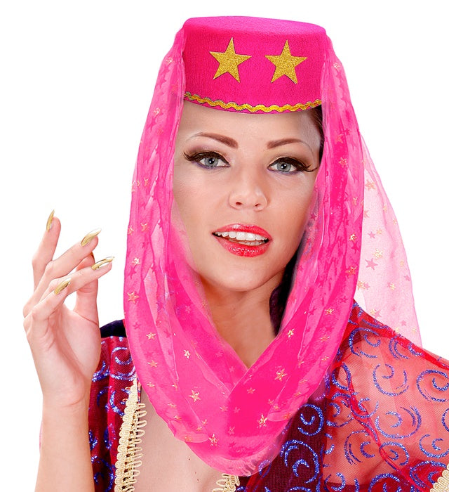 Rosa Haremshut aus Filz mit Schleier als Fasnacht Kostümzubehör