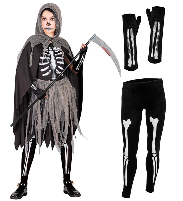 SENSEGIRL Kostüm mit Knochenprint bestehend aus Kleid, Strumpfhose, Handschuhen und Umhang mit Kapuze