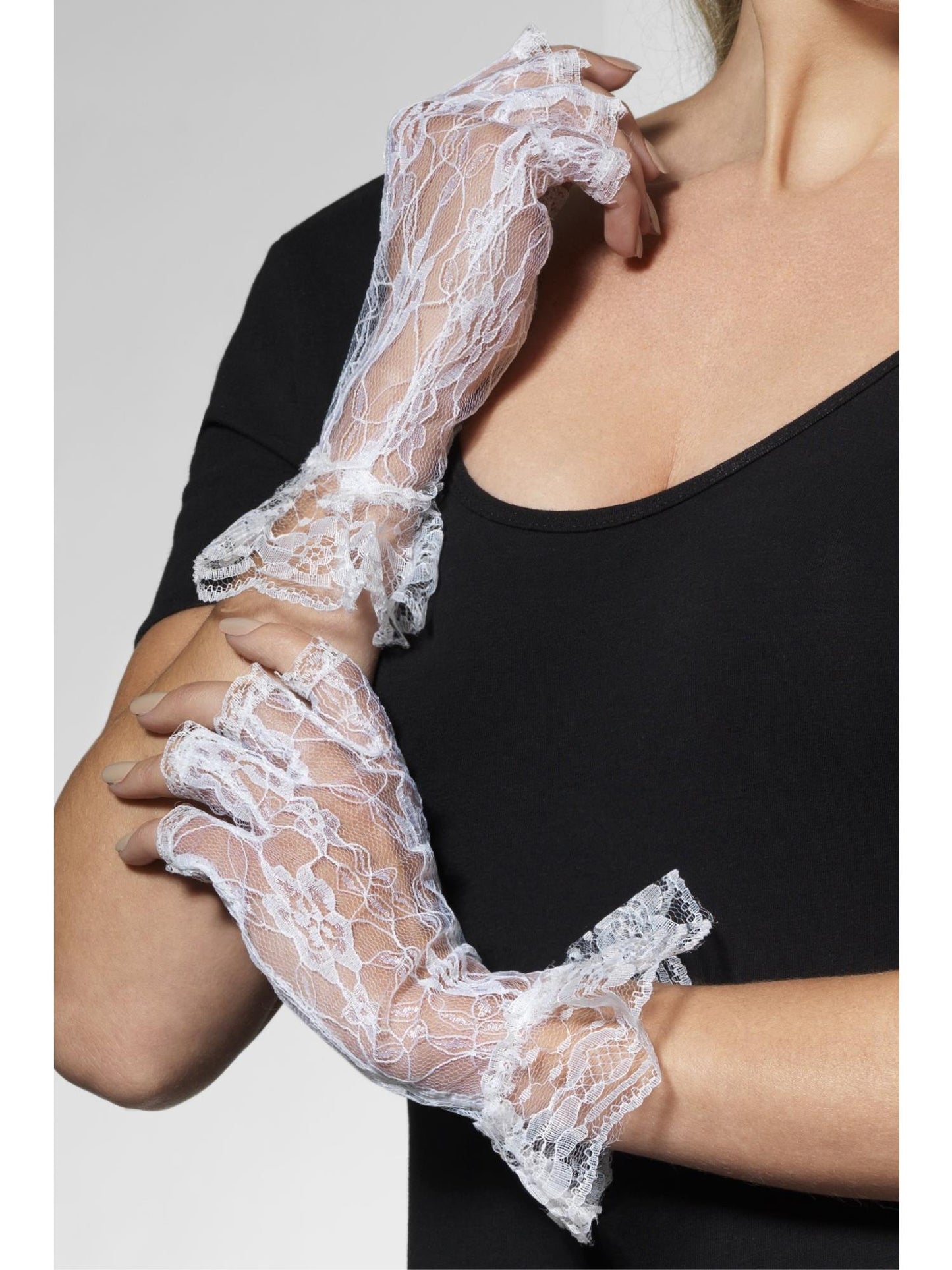 Smiffys FEVER Fingerless Lace Gloves, White für Damen
