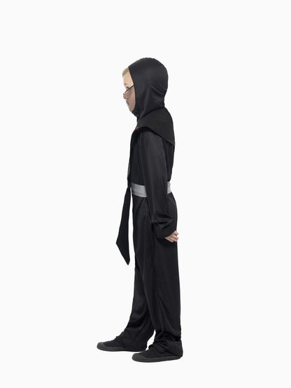 Smiffys schwarzes Ninja-Kostüm für Kinder mit Kapuze und Überwurf – Detailansicht