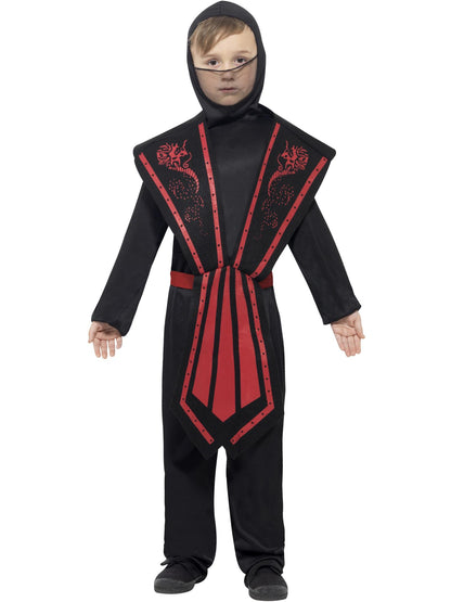 Smiffys schwarzes Ninja-Kostüm für Kinder mit Kapuze und Überwurf – Produktansicht