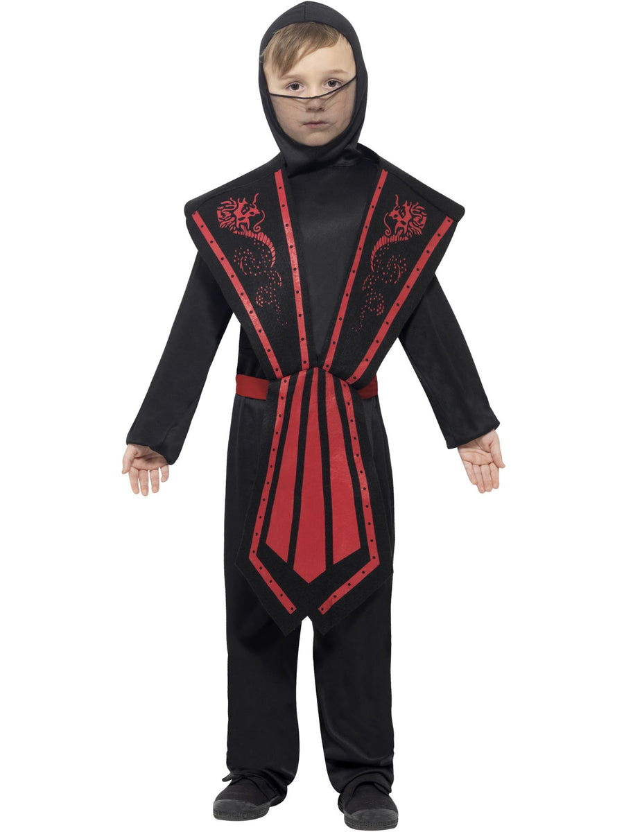 Smiffys schwarzes Ninja-Kostüm für Kinder mit Kapuze und Überwurf – Produktansicht