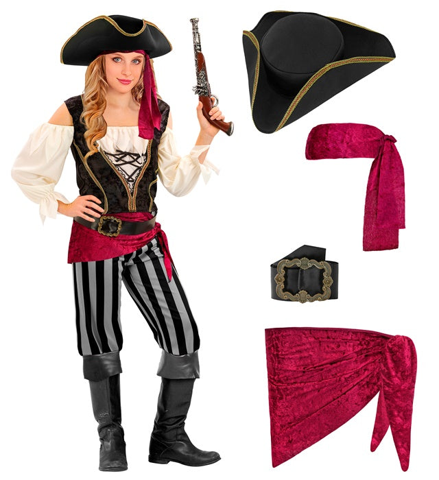 Piratin Kostüm mit Bluse, Weste, Hose, Schärpe, Gürtel, Stirnband und Piratenhut