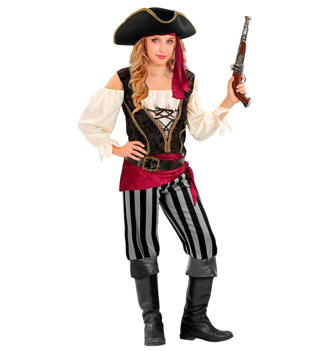Piratin Kostüm mit Bluse, Weste, Hose, Schärpe, Gürtel, Stirnband und Piratenhut
