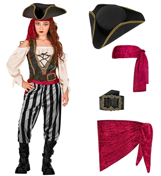 Piratin Kostüm-Set mit Bluse, Weste, Hose, Schärpe, Gürtel, Stirnband und Hut in klassischem Design