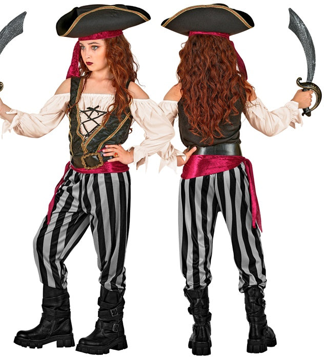 Piratin Kostüm mit Bluse, Weste, Hose, Schärpe, Gürtel, Stirnband und Piratenhut
