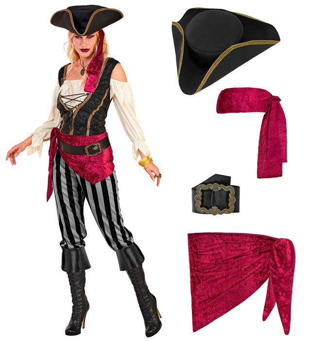 Damen Piratin Kostüm Set mit Bluse, Weste, Hose, Schärpe, Gürtel, Stirnband und Hut