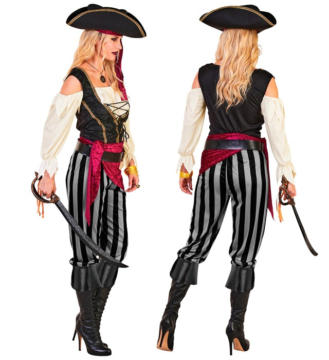Damen Piratin Kostüm Set mit Bluse, Weste, Hose, Schärpe, Gürtel, Stirnband und Hut