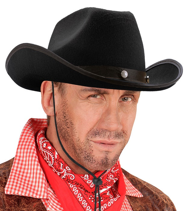 Schwarzer Cowboyhut mit Metallnieten als Fasnachts- und Mottoparty-Accessoire