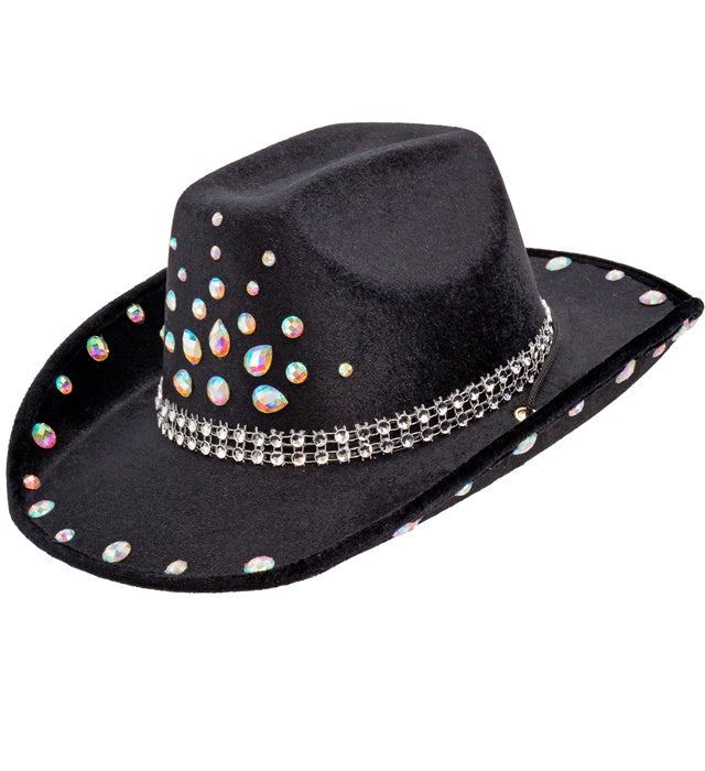 Schwarzer Cowboy Hut mit Diamanten-Akzent als Fasnacht Accessoire