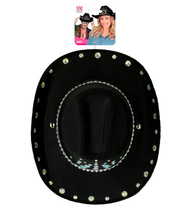 Schwarzer Cowboy Hut mit Diamanten-Akzent als Fasnacht Accessoire