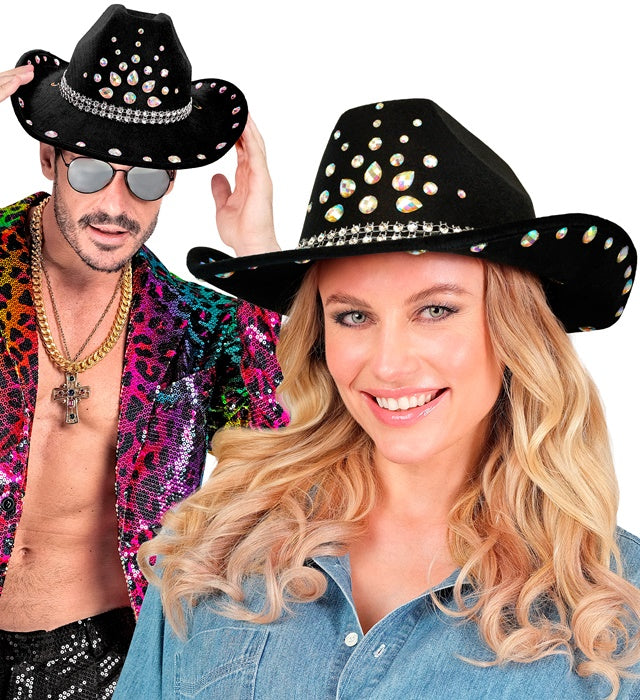 Schwarzer Cowboy Hut mit Diamanten-Akzent als Fasnacht Accessoire