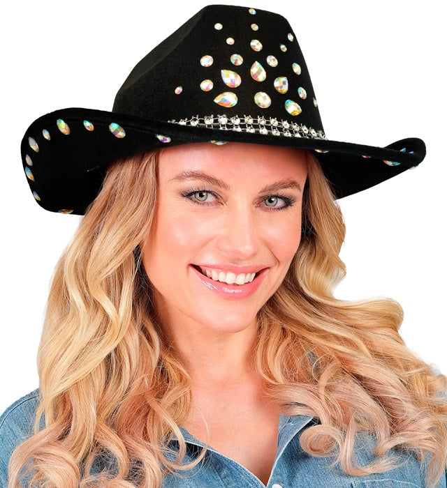 Schwarzer Cowboy Hut mit Diamanten-Akzent als Fasnacht Accessoire