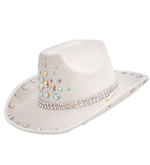 Weißer Cowboy Hut mit funkelnden Diamanten für Fasnacht und Karneval