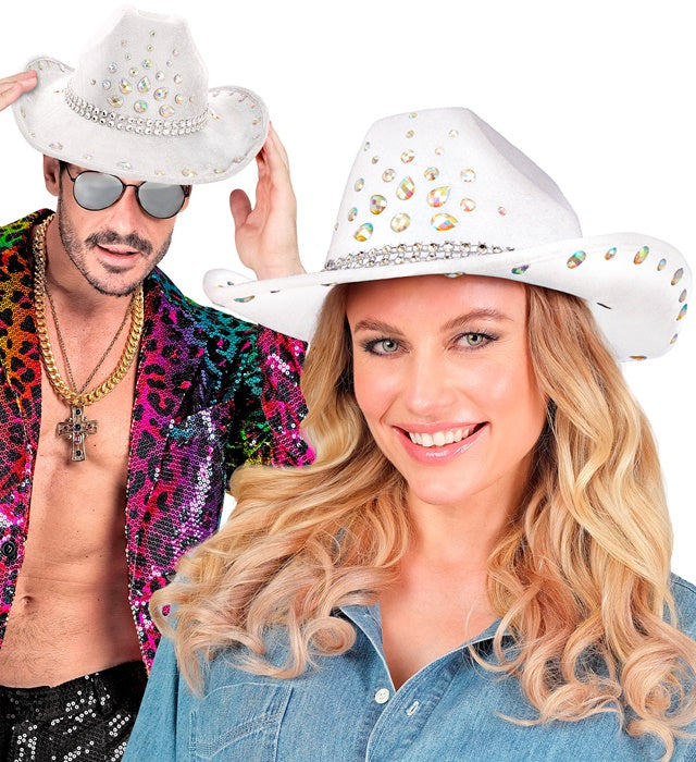 Weißer Cowboy Hut mit funkelnden Diamanten für Fasnacht und Karneval