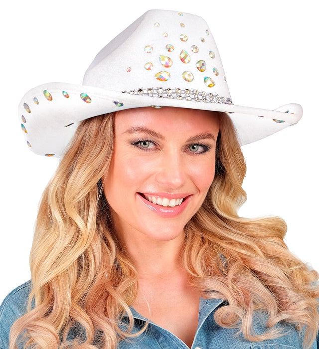 Weißer Cowboy Hut mit funkelnden Diamanten für Fasnacht und Karneval