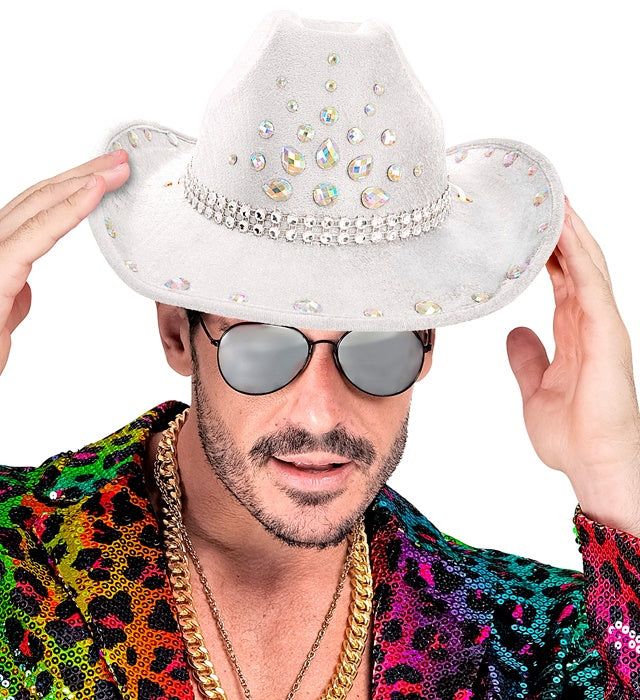 Weißer Cowboy Hut mit funkelnden Diamanten für Fasnacht und Karneval