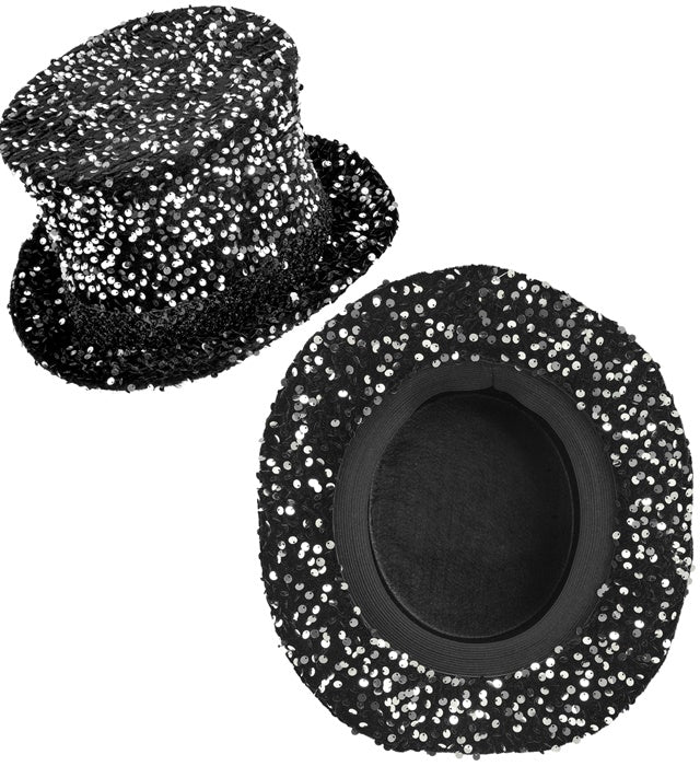 Schwarzer Zylinder mit silbernen Pailletten, 18 cm hoch