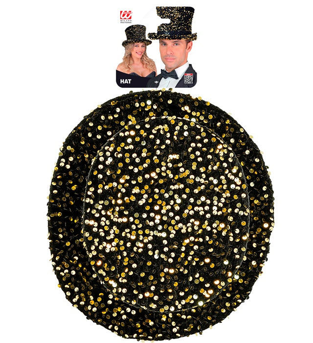 Schwarzer Zylinder mit goldenen Pailletten, Höhe 18 cm, festliches Kostümzubehör