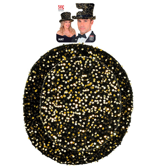 Schwarzer Zylinder mit goldenen Pailletten, Höhe 18 cm, festliches Kostümzubehör