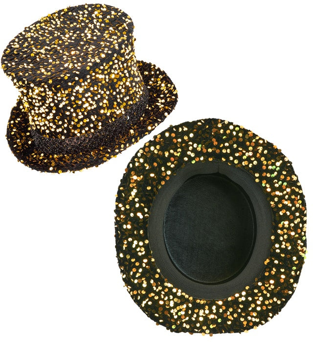 Schwarzer Zylinder mit goldenen Pailletten, Höhe 18 cm, festliches Kostümzubehör
