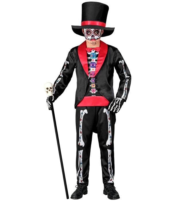 DIA DE LOS MUERTOS Kostüm mit schwarzem Frack, Hemd, Hose, Hut und kunstvoller Maske