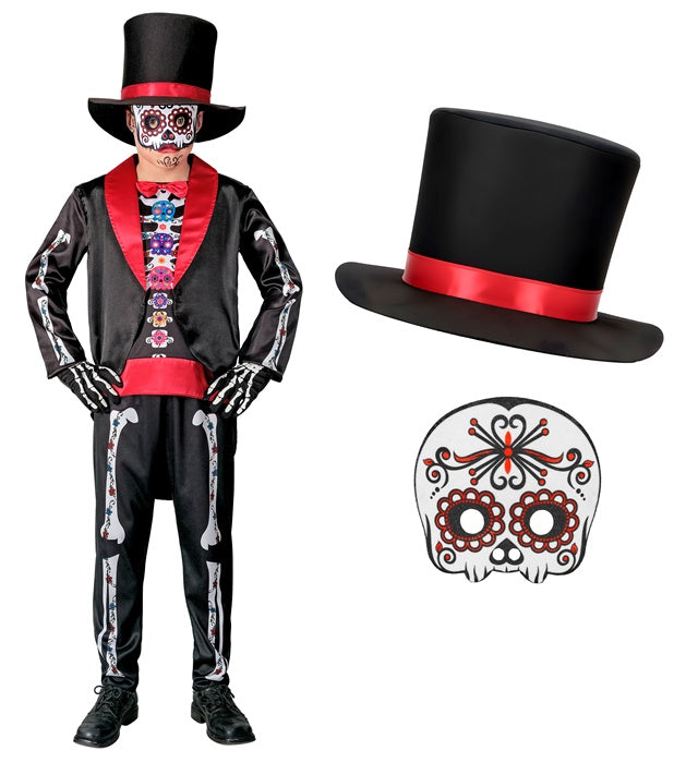 DIA DE LOS MUERTOS Kostüm mit schwarzem Frack, Hemd, Hose, Hut und kunstvoller Maske
