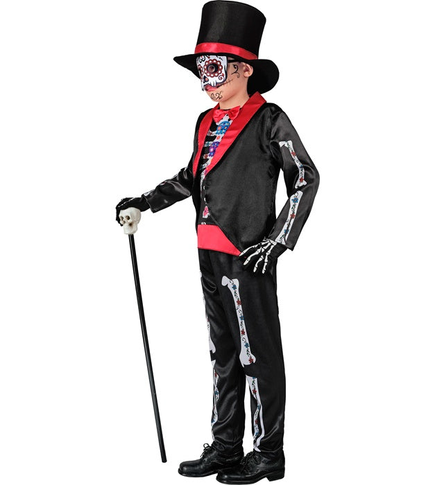 DIA DE LOS MUERTOS Kostüm mit schwarzem Frack, Hemd, Hose, Hut und kunstvoller Maske