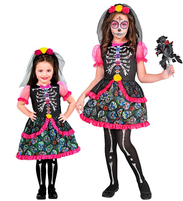 Dia de los Muertos Kleid mit farbenfrohem Kopfschmuck für Fasnacht Kostüm