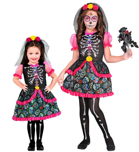 Dia de los Muertos Kleid mit farbenfrohem Kopfschmuck für Fasnacht Kostüm