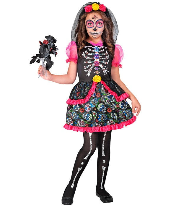 Dia de los Muertos Kleid mit farbenfrohem Kopfschmuck für Fasnacht Kostüm