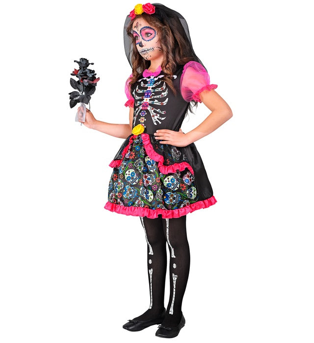 Dia de los Muertos Kleid mit farbenfrohem Kopfschmuck für Fasnacht Kostüm