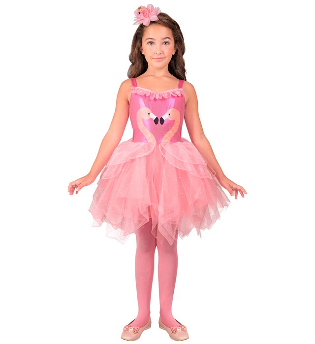 Flamingo-Kostüm mit rosa Tutu und Flamingo-Haarreif auf weißem Hintergrund