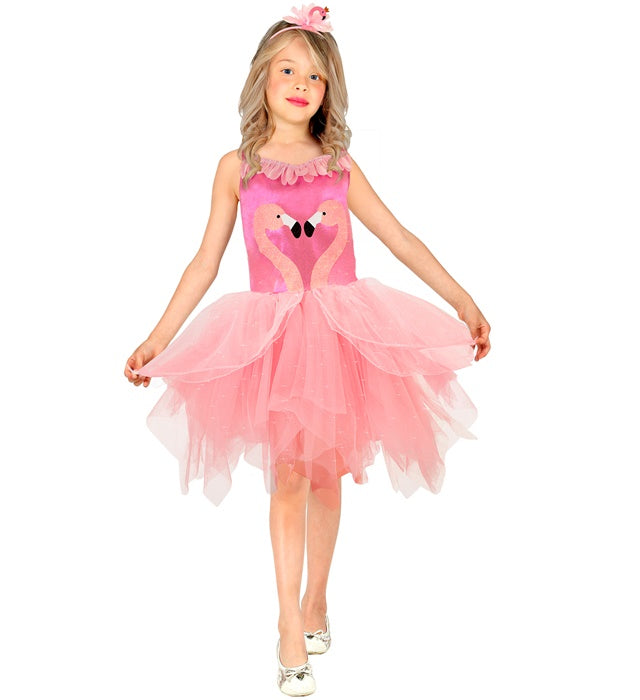 Flamingo-Kostüm mit rosa Tutu und Flamingo-Haarreif auf weißem Hintergrund