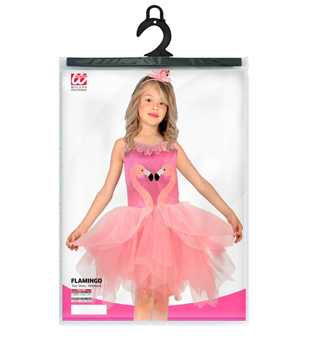 Flamingo-Kostüm mit rosa Tutu und Flamingo-Haarreif auf weißem Hintergrund