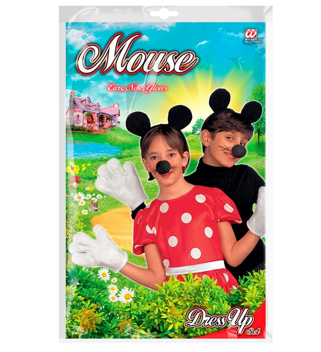 Kinder Mäuschen Kostüm-Set mit Ohren, Nase und Handschuhen für Fasnacht