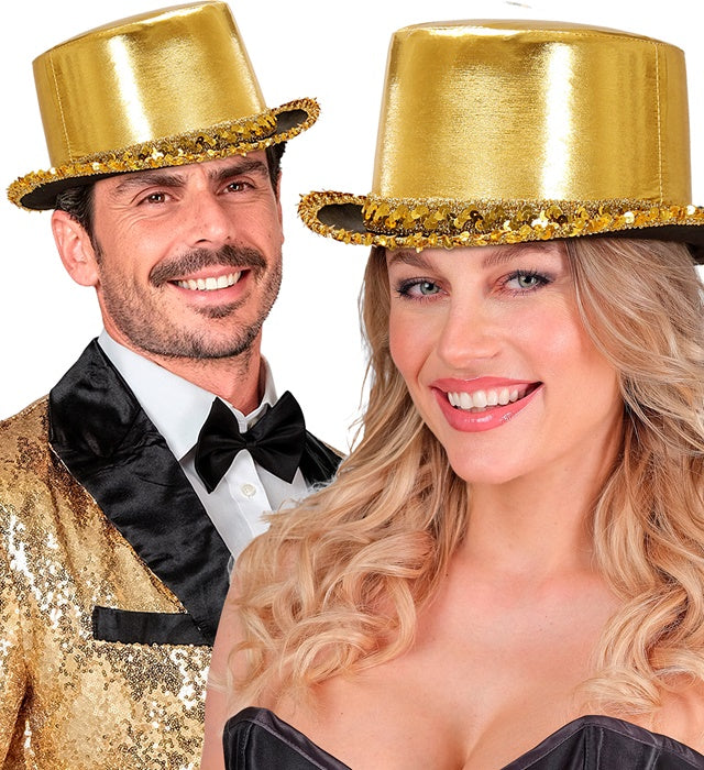Goldener Zylinder mit Paillettenverzierung, 11 cm Höhe, Fasnachtshut