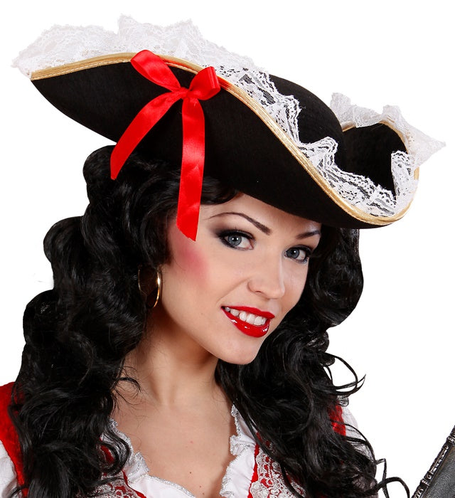 Dreispitz Hut aus Filz mit roter Schleife für Piratenkostüm
