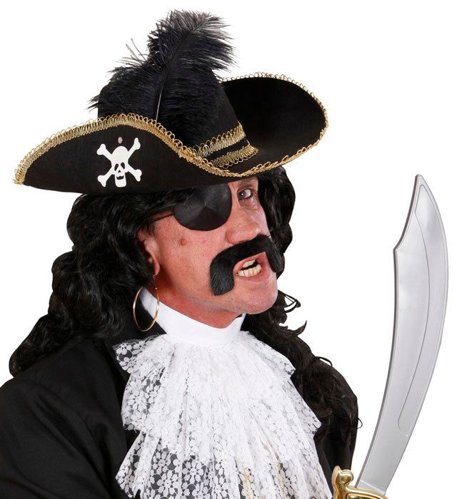 Schwarzer Piratenhut aus Filz mit weißem Schädelmotiv und Federn